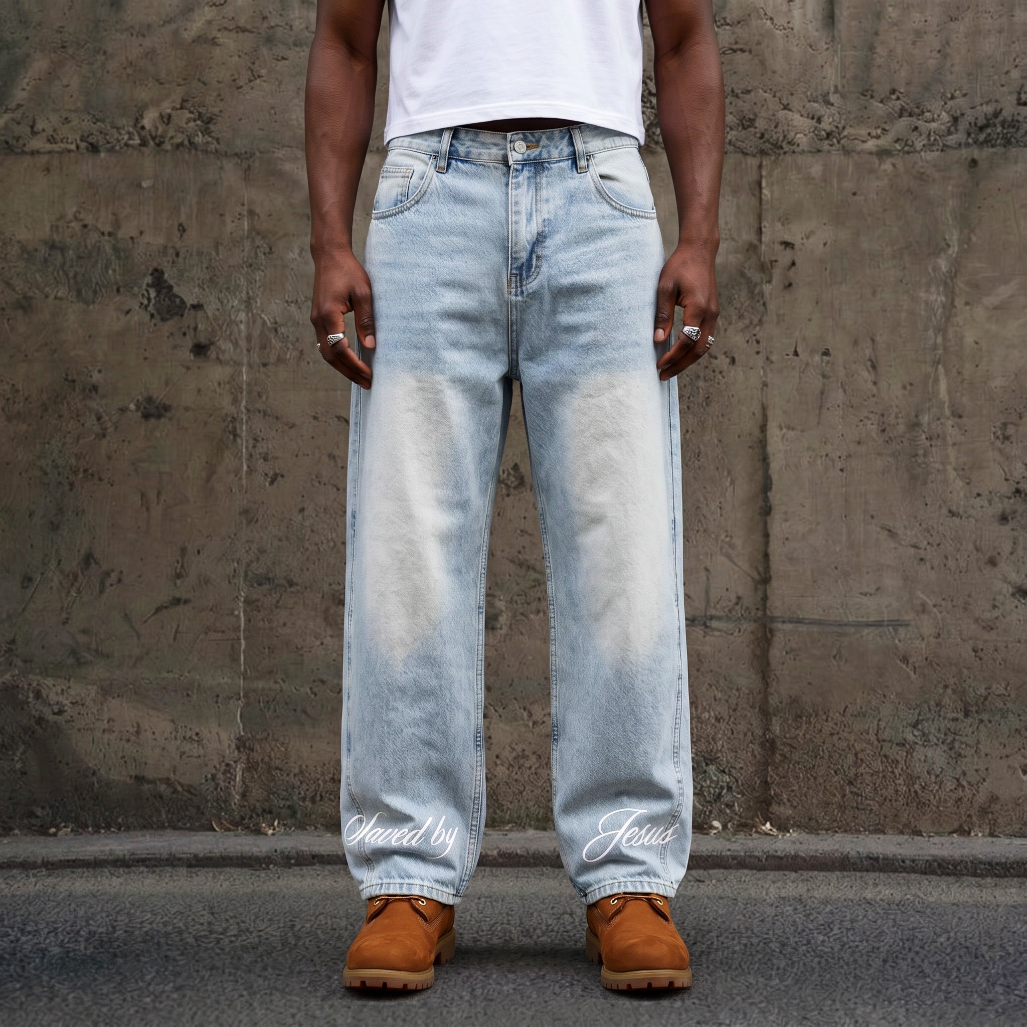 “Jesus saves” Barrel Jeans