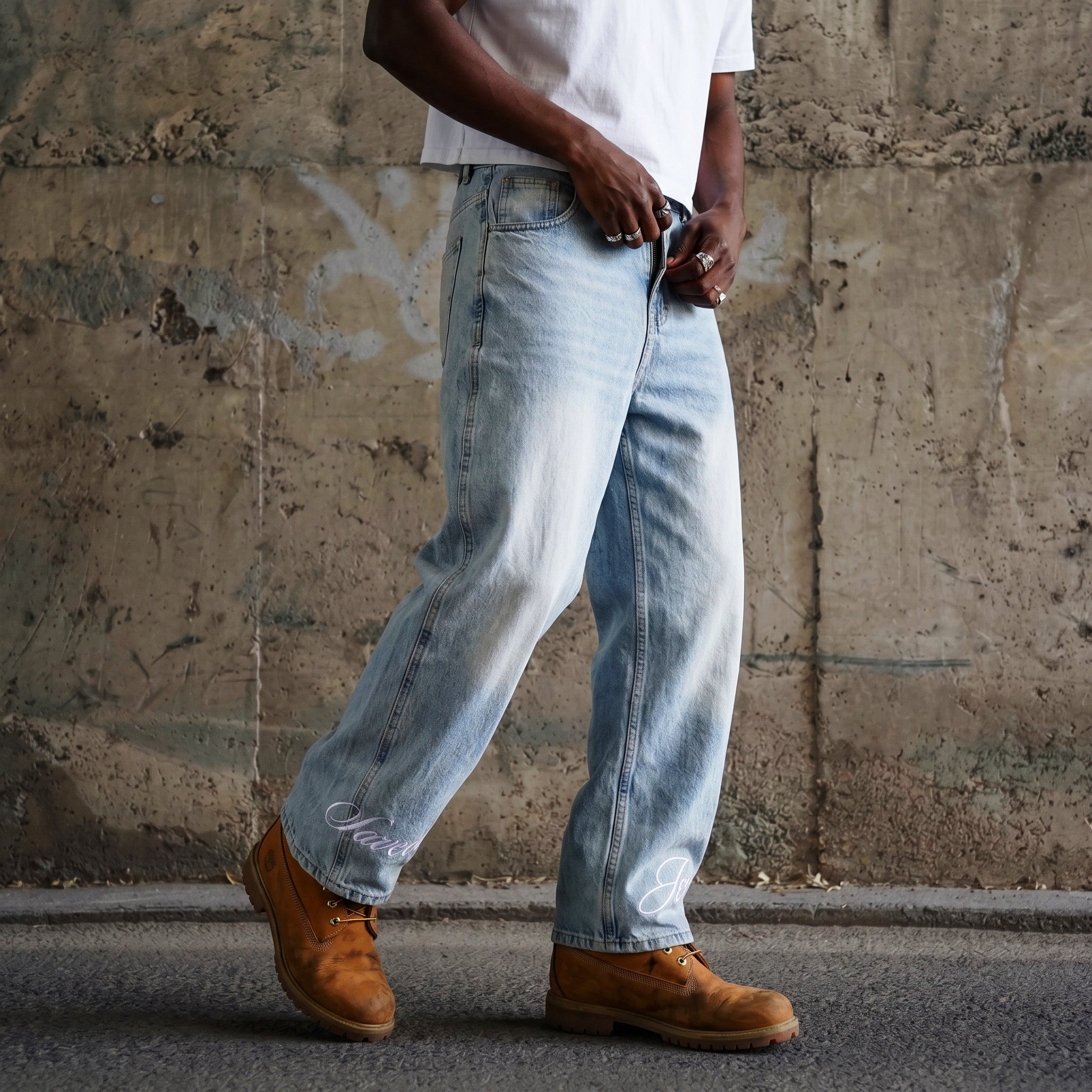 “Jesus saves” Barrel Jeans